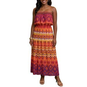 2b Bebe Size Medium Maxi Dress Strapless Beaded Top Vibrant Boho Print